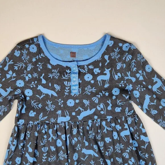 Tea Collection Long Sleeve Sparkle Henley Dress Floral Forest Animals sz 6 - Picture 3 of 8